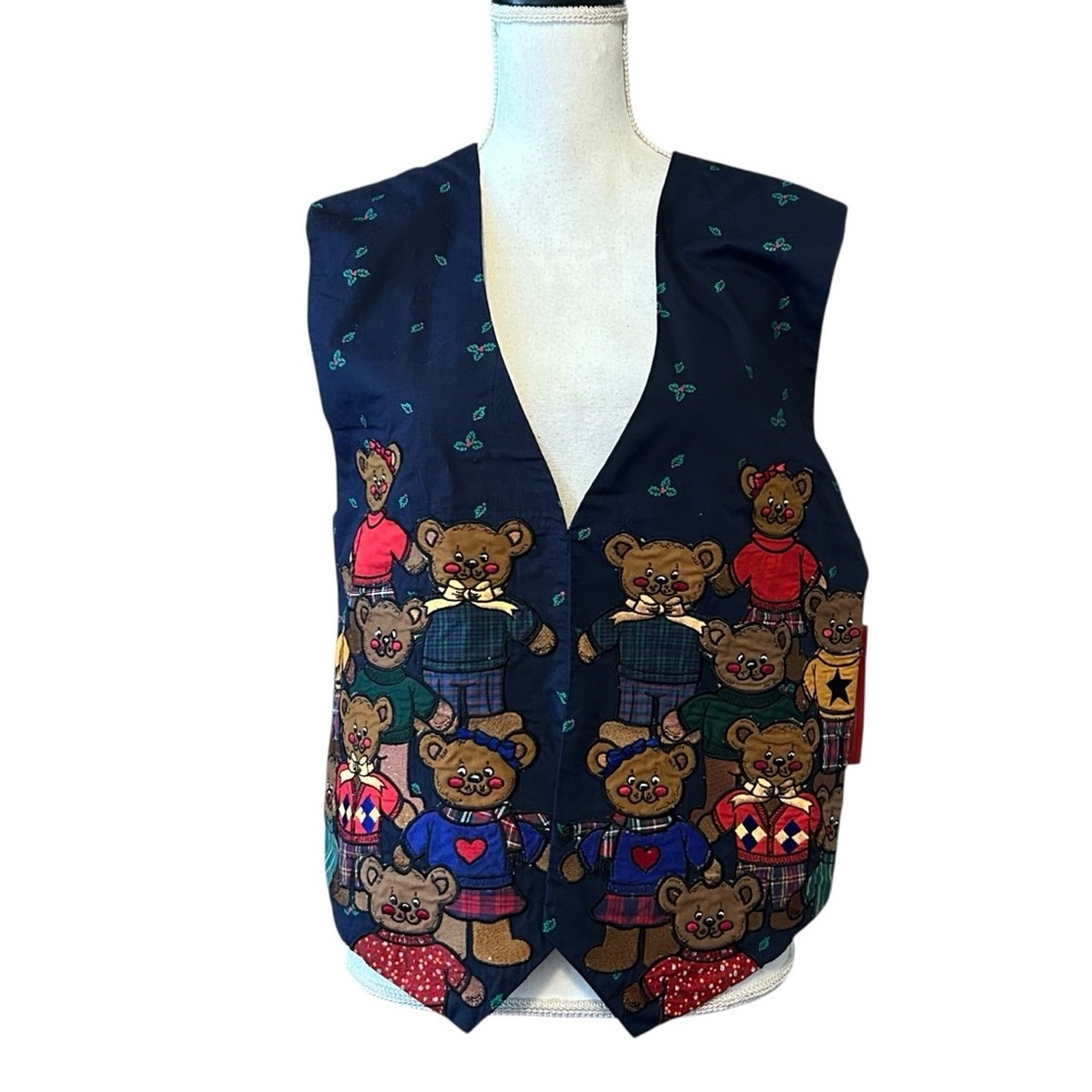 VINTAGE KAREN SCOTT APPLIQUÉ‎ TEDDY BEAR COTTON HOLIDAY CHRISTMAS VEST Large NOS